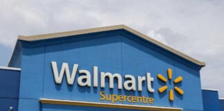 Walmart Supercentre exterior with blue facade and logo