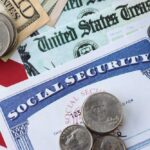 A collection of financial documents including a Social Security card, cash, and coins