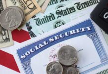 A collection of financial documents including a Social Security card, cash, and coins