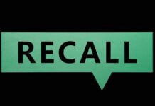 Green speech bubble with the word recall on a black background