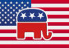 Republican Party elephant logo on American flag background.
