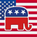 Republican Party elephant logo on American flag background.