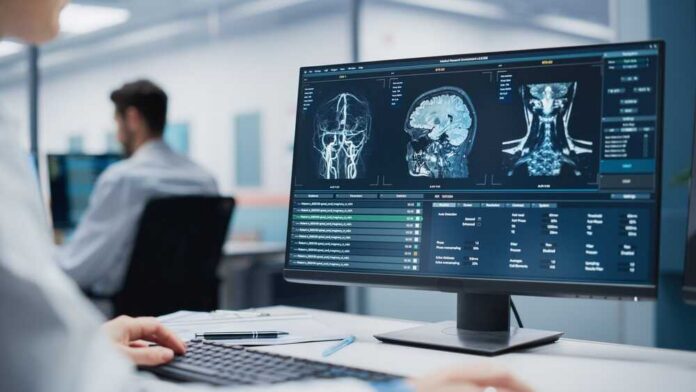 Doctor reviews brain MRI scans on a widescreen computer monitor