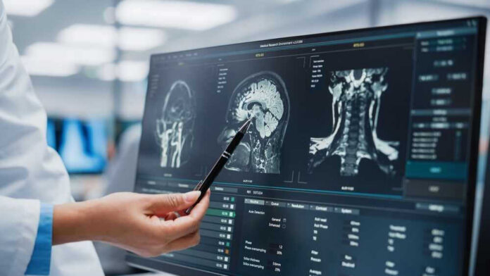 shutterstock_2140344447-2 Doctor pointing at brain scans on a computer screen.