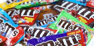 M&M's candy bags in assorted flavors spread out