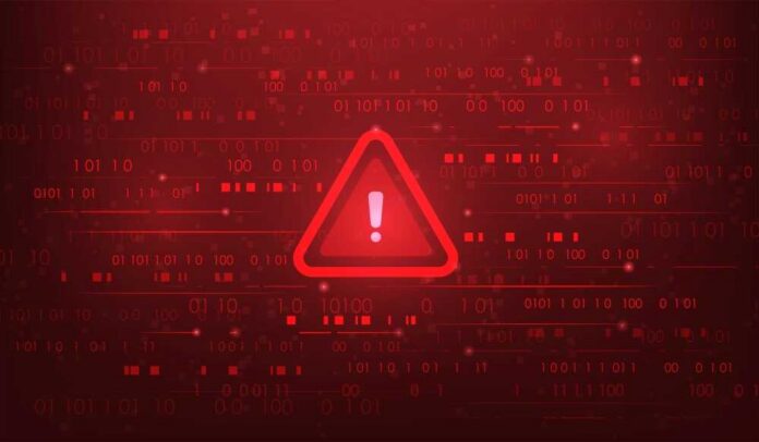 Warning triangle icon on red digital background